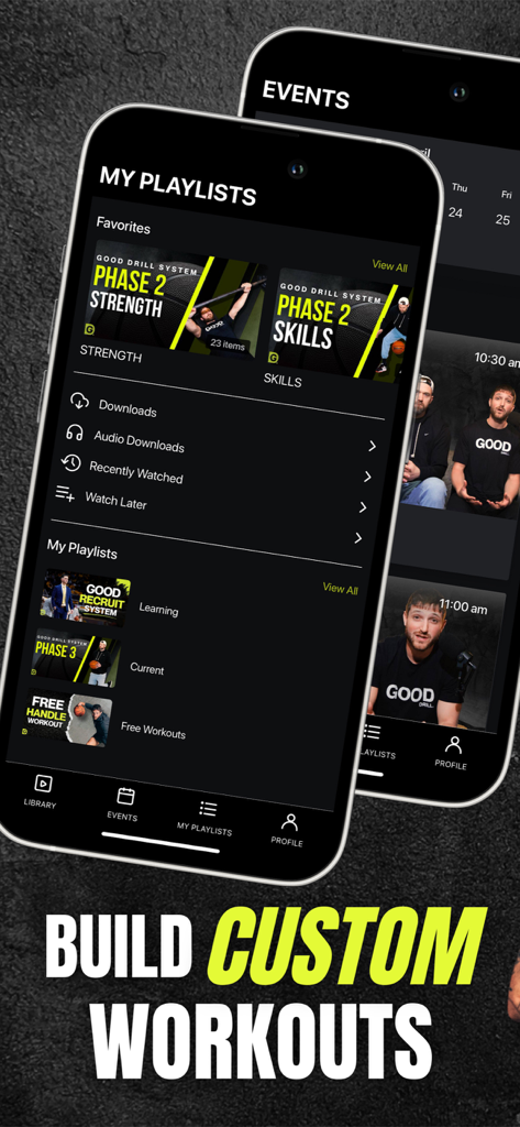 Good Drills - Good Drills app interface showing custom basketball workout playlists and training phases on mobile screens
