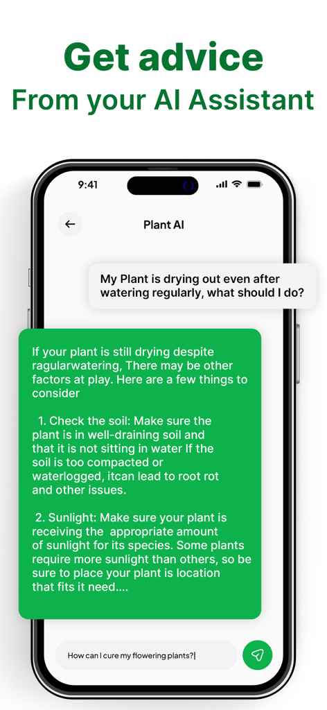 Interface de chat do assistente de IA no aplicativo Leafy fornecendo dicas e conselhos sobre cuidados com plantas.