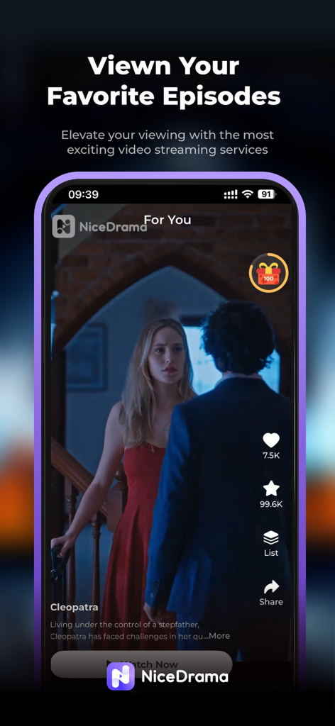 NiceDrama - Interfaccia dell'app NiceDrama che mostra un episodio di dramma breve verticale intitolato Cleopatra