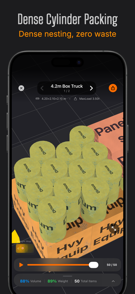 Smart Packer: 3D Cargo Planner - Una visualización 3D de anidamiento denso de cilindros y empaquetado tipo panal para bidones dentro de un camión de caja utilizando la aplicación Smart Packer.