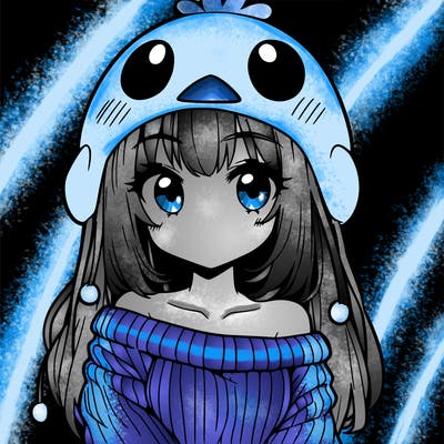 anime girl with chick shaped hat with sweater with bare shoulders with bangs covering them one eye with low tail