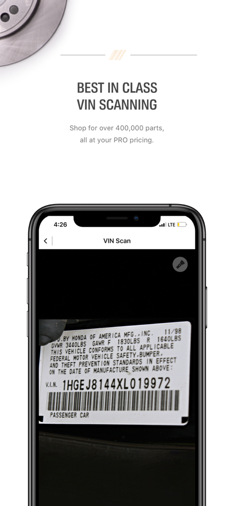 AutoZonePro Mobile app interface showing the VIN scanning feature for professional auto parts identification.