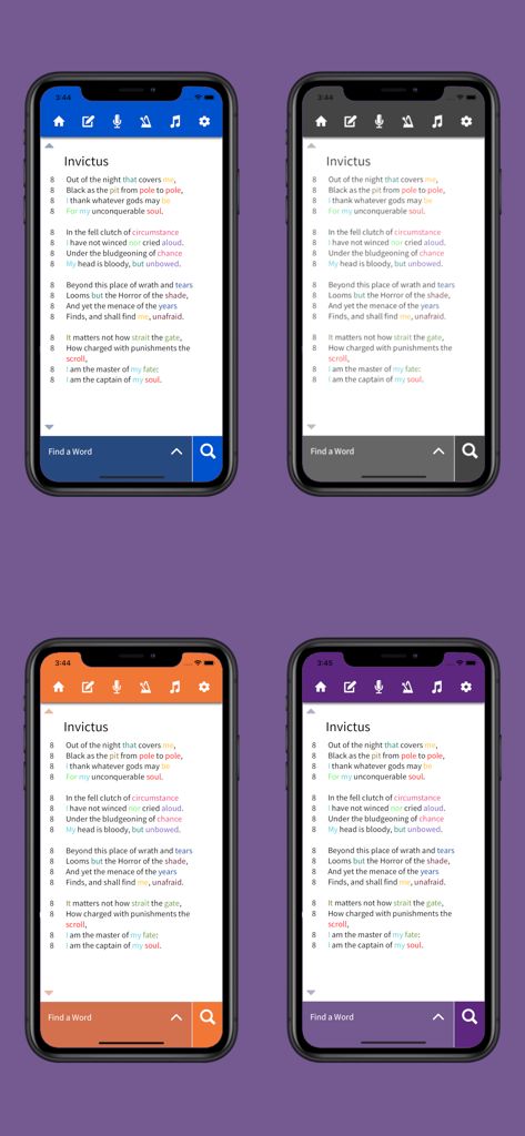 Four mobile screens displaying the Lyric Notepad app with different color themes and rhyme matching