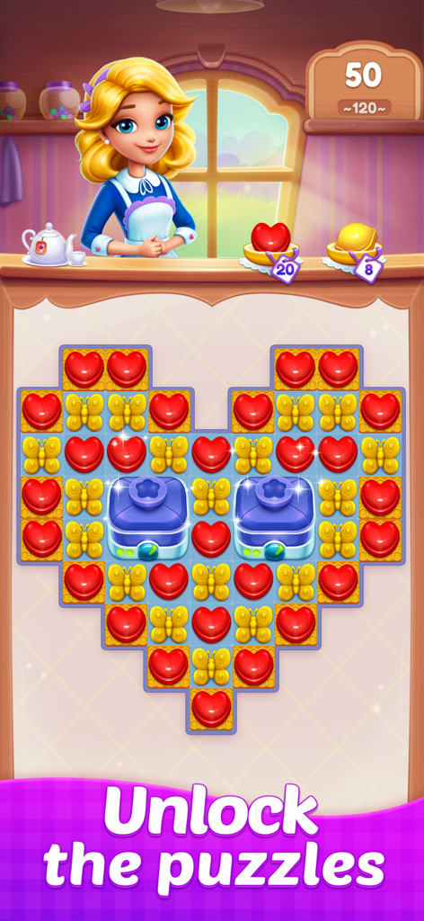 Candy Sweet Legend - Match 3 - A heart shaped match 3 puzzle grid with colorful candy and butterfly pieces