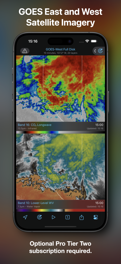RadarScope - RadarScope mobile app displaying GOES East and West satellite imagery with infrared and water vapor layers