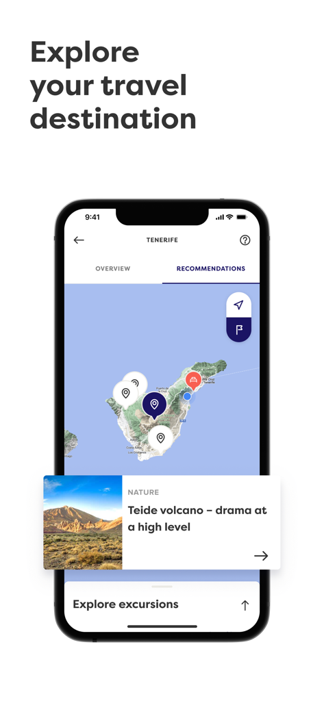 My Apollo - My Apolloアプリのモバイル画面。テネリフェの地図に旅行の推奨事項とツアーが表示されています。