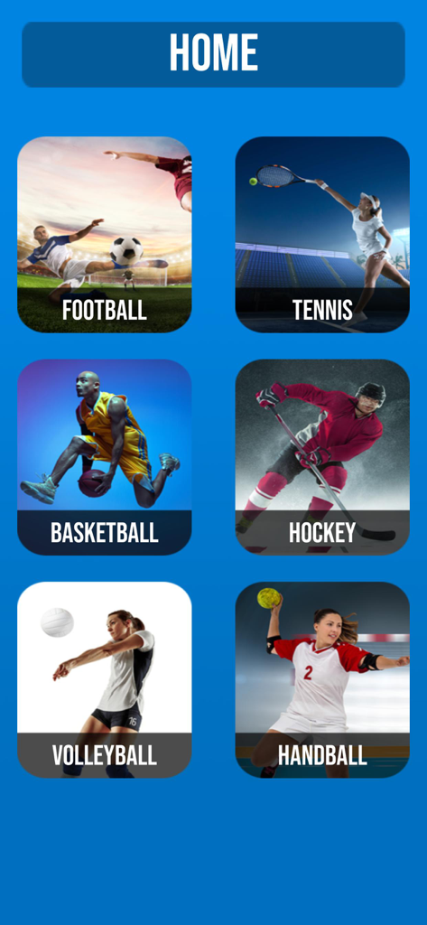 Fair Play - Live Scores - Tela inicial do aplicativo Fair Play Live Scores mostrando categorias esportivas para futebol, basquete, tênis, hóquei, vôlei e handebol