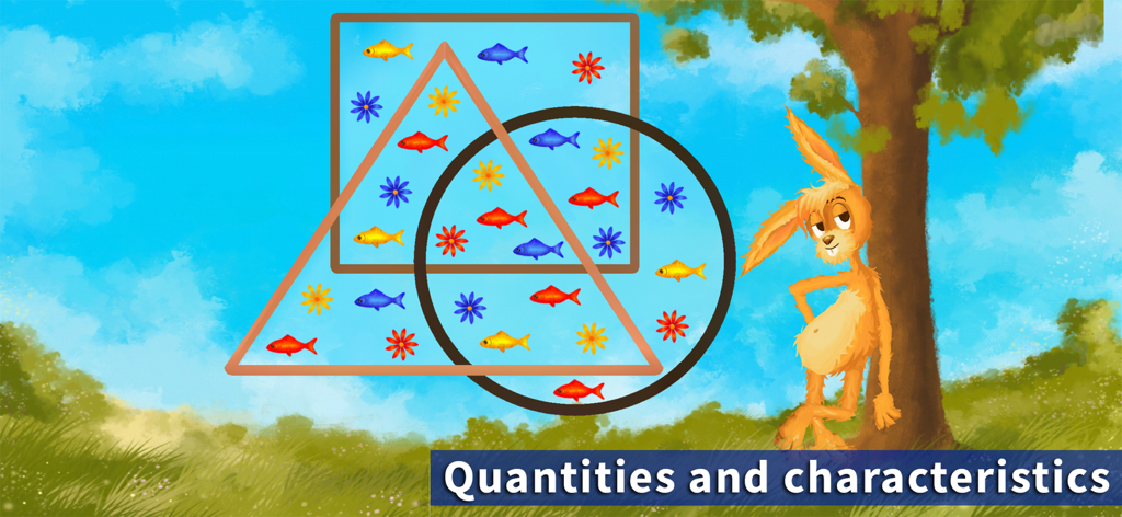 Educational logic puzzle with overlapping geometric shapes and colorful icons in a field with a cartoon rabbit.