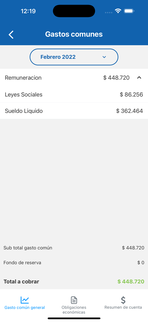 Mobile dashboard of the Edifito app showing a detailed breakdown of monthly building common expenses and financial obligations