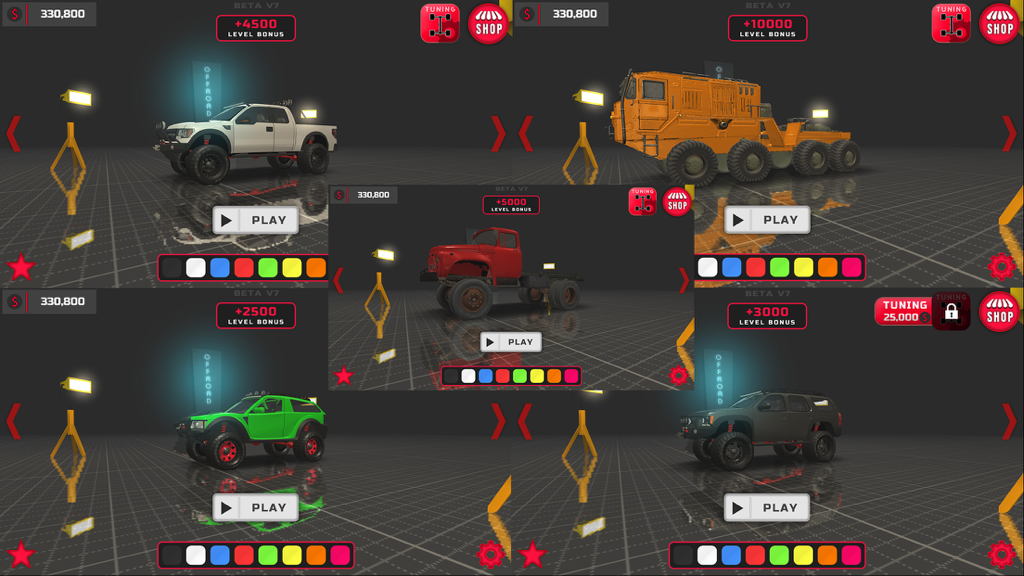 [PROJECT:OFFROAD] - Menú de garaje que muestra una variedad de vehículos todoterreno 4x4 y 6x6 para selección y personalización