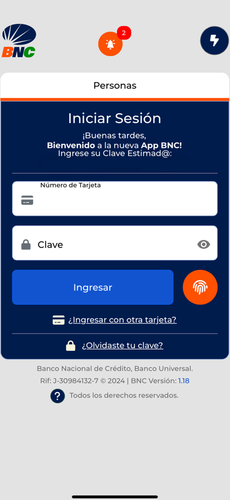BNC - Interfaz de inicio de sesión de la aplicación móvil BNC que muestra el número de tarjeta y opciones de autenticación biométrica.
