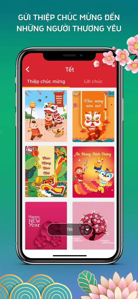 Lịch Vạn Niên 2026, Lịch Âm - Interface of the Lunar Calendar app showing traditional Vietnamese Tet greeting cards