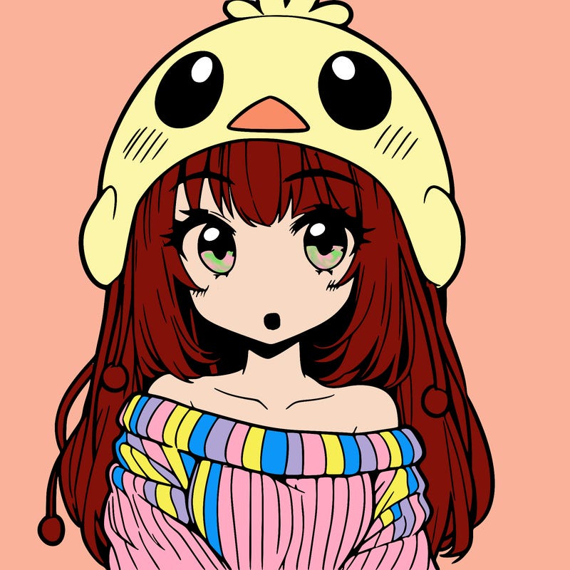 anime girl with chick shaped hat with sweater with bare shoulders with bangs covering them one eye with low tail