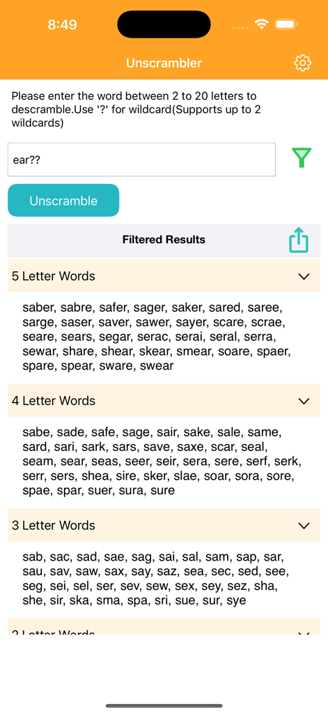 Unscrambler-Word - Unscrambler-Word app interface displaying word results categorized by length from a jumbled letter search