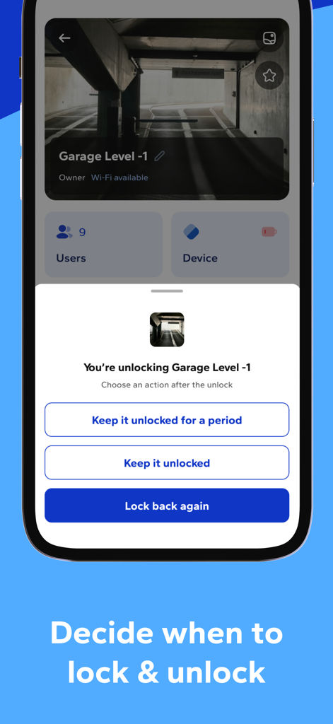 Interfaccia dell'app Smart MasterKey che mostra le opzioni di controllo dell'accesso al garage per sbloccare per un periodo o bloccare nuovamente
