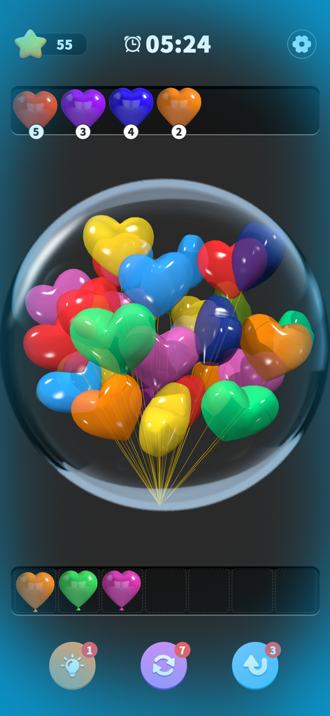 Balloon Triple Match: Match 3D - Gameplay screen of Balloon Triple Match showing colorful 3D heart-shaped balloons being sorted in a glass bowl