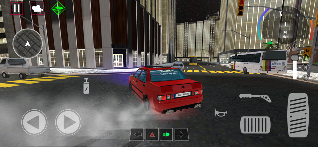 Real Car Drift & Racing Game - A red car drifting through a city street in Real Car Drift and Racing Game