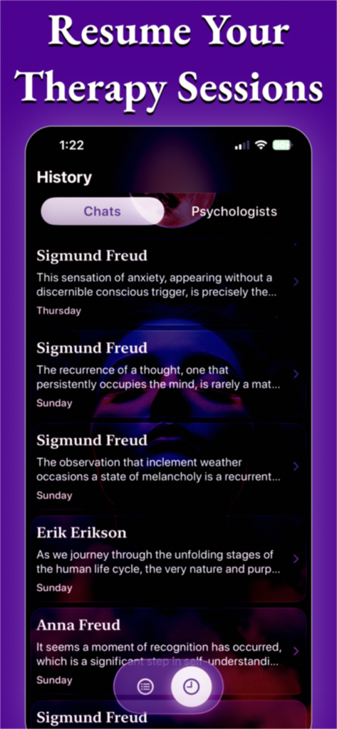 Freud Caffe AI Psychoanalysis - Pantalla de historial de chat de la aplicación Freud Caffe que muestra sesiones anteriores con psicólogos de IA como Sigmund Freud