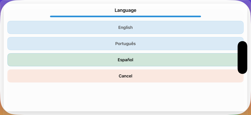 Adjective Remix - Un menú de selección de idioma en la aplicación Adjective Remix con botones para Inglés, Portugués y Español.