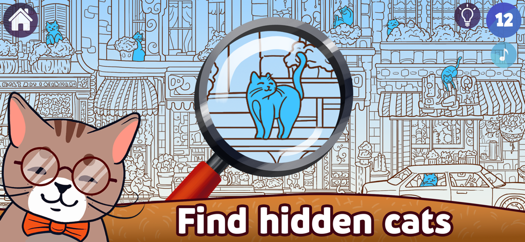 Hidden Cat 2: find the object - Uma lupa descobrindo um gato azul escondido em uma cena de cidade desenhada à mão.