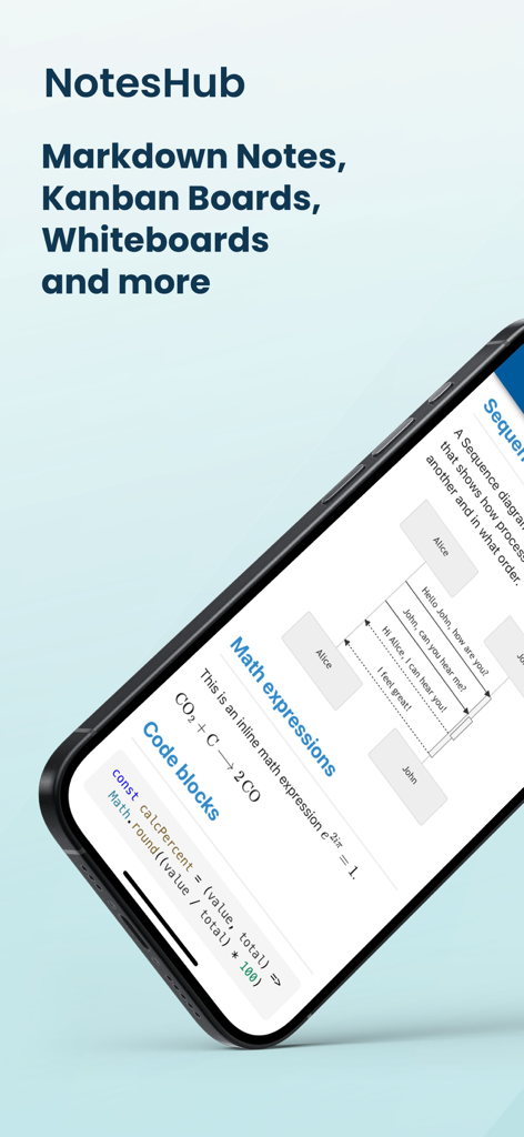 NotesHub app display showing markdown notes with math expressions code blocks and sequence diagrams