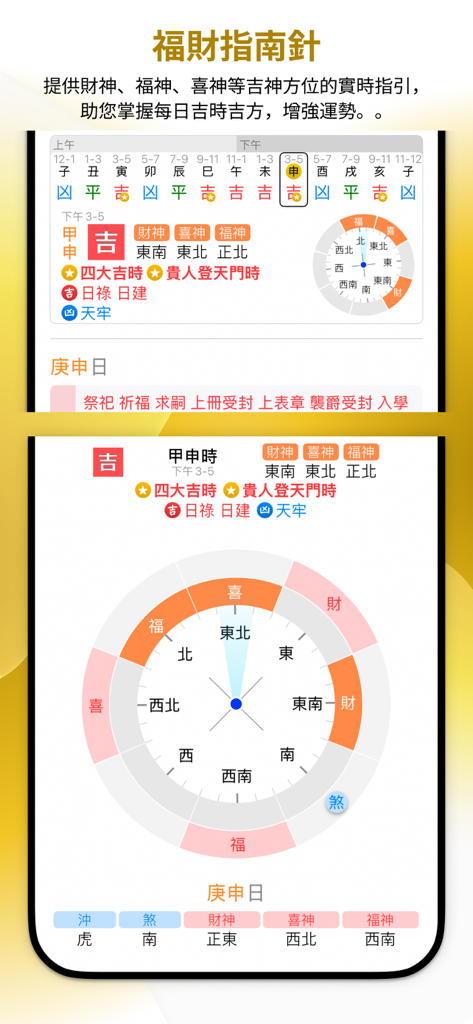 A Chinese perpetual calendar app interface displaying an auspicious fortune compass and daily directions for wealth and joy.