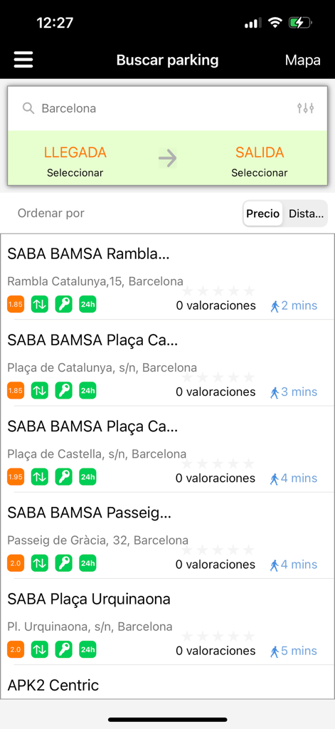 Mobile app screen showing a list of available parking garages in Barcelona with distance and pricing information