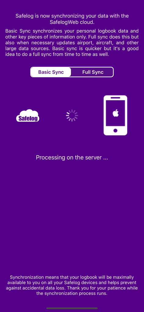 Safelog Pilot Logbook - Data synchronization screen for Safelog Pilot Logbook app showing cloud backup progress.