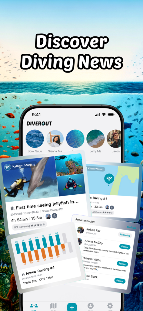 DIVEROUT-App-Bildschirm mit Tauch-Nachrichten, sozialem Community-Feed und Tauchprotokolleinträgen