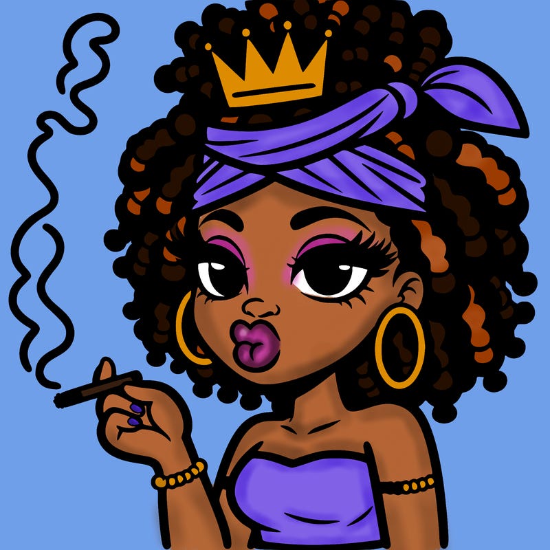 black girl with locs and a crown smoking