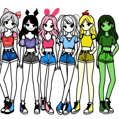 a group of girls wearing crop tops and shorts
