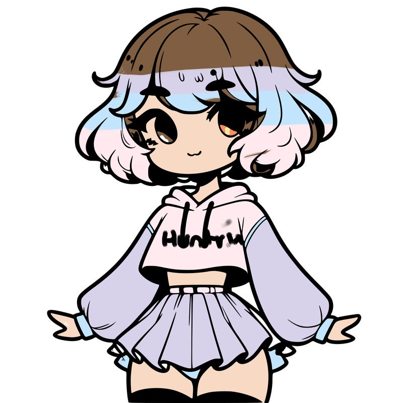 cute femboy with short, fluffy hair that softly frames their face, wearing a cropped hoodie, paired with a flouncy short skirt, and thigh-high stockings
