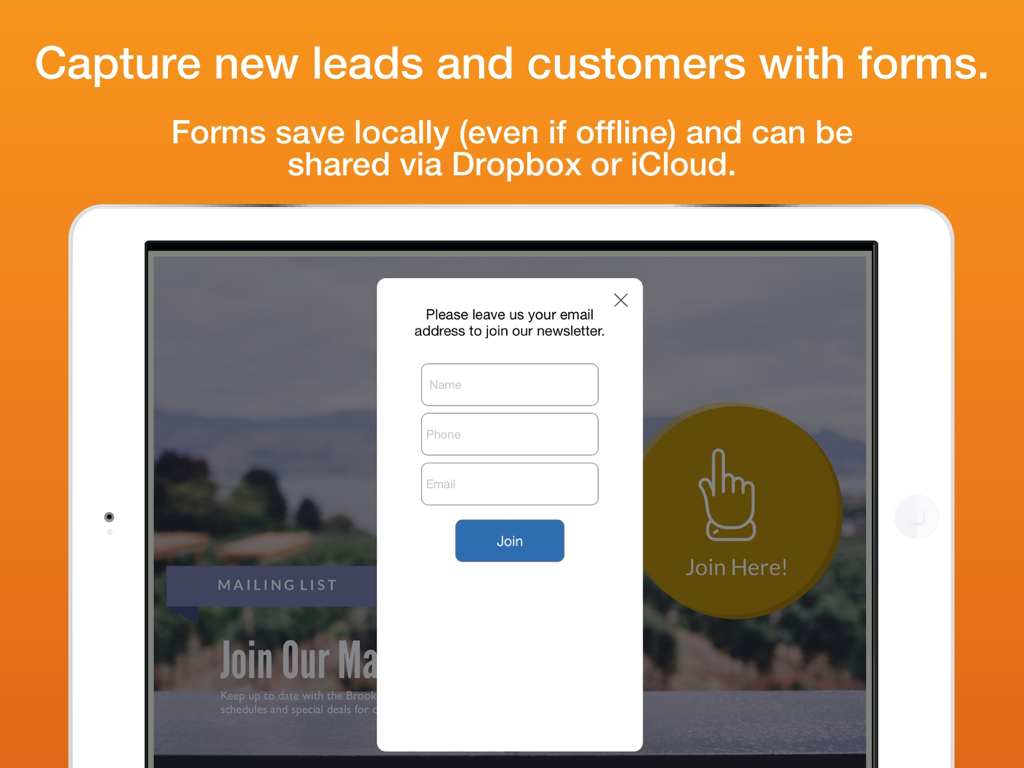 Flow Kiosk: Offline iPad Kiosk - Flow Kiosk app showing an email newsletter signup form on an iPad for lead capture at events