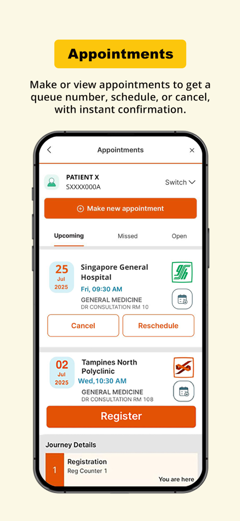 Health Buddy app interface showing upcoming medical appointments at Singapore General Hospital and Tampines North Polyclinic.
