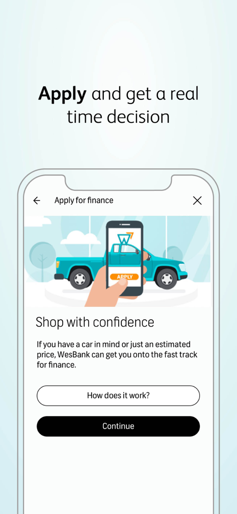 Mobile application screen for real time vehicle finance showing a car illustration and apply button