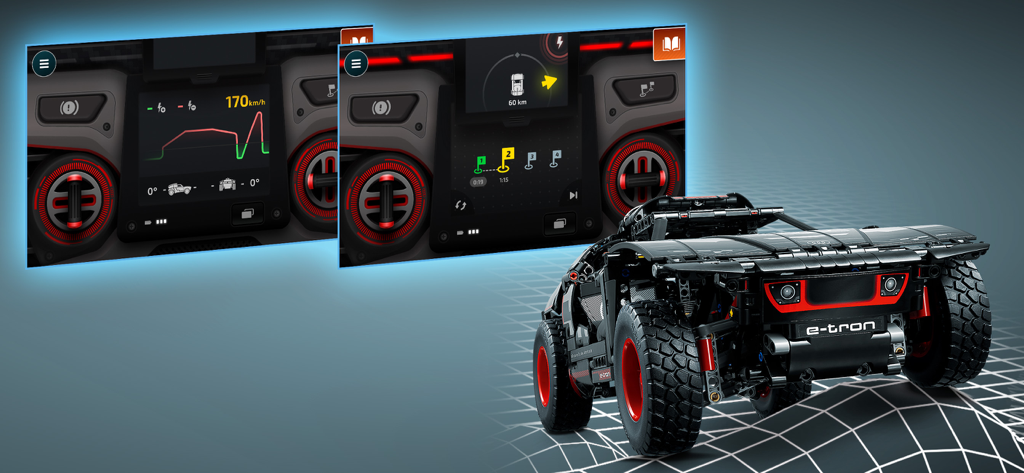 Modelo LEGO Technic Audi e-tron con interfaz de control digital que muestra telemetría y velocidad en tiempo real