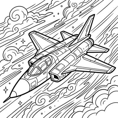 Unleash your creativity with this thrilling supersonic aircraft coloring page, designed especially for teens. Immerse yourself in a dynamic sky filled with a sleek jet, sweeping speed lines, and stylized clouds, ready for your artistic touch.