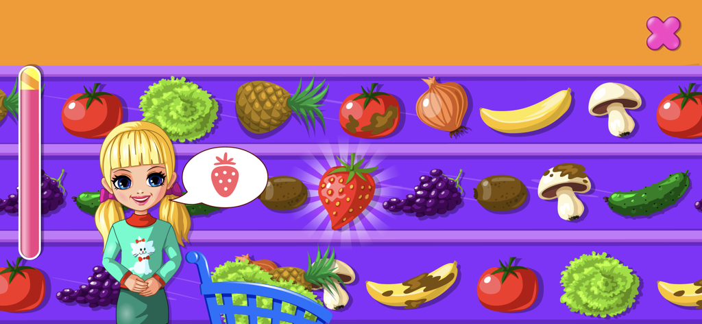 Supermarket Game - Shopping - 슈퍼마켓 게임에서 다양한 과일과 채소가 지나가는 컨베이어 벨트에서 딸기를 선택하는 소녀 캐릭터