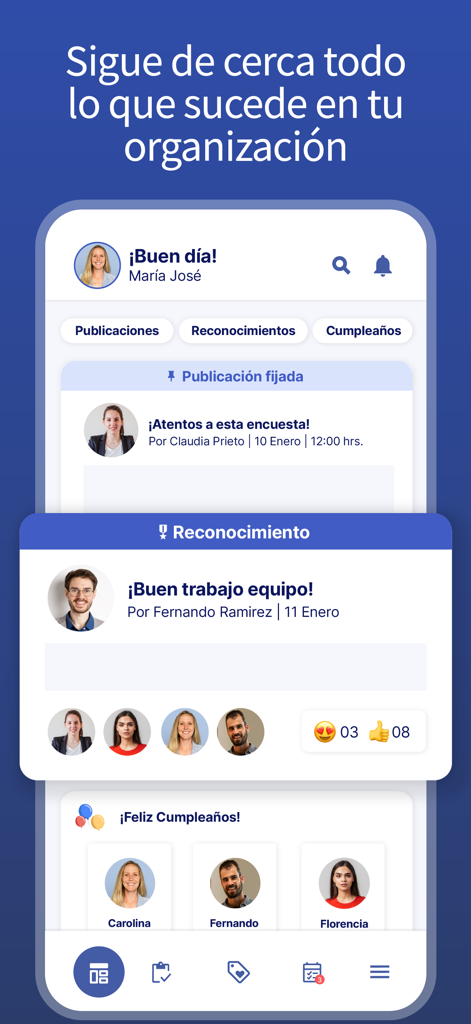 Buk - Buk mobile app screen showing organizational news feed with peer recognition and employee birthdays