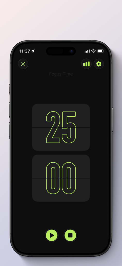FlipKlok: FlipClock & Pomodoro - Aesthetic Pomodoro focus timer in FlipKlok showing 25 minutes with lime green flip clock numbers on a dark background.