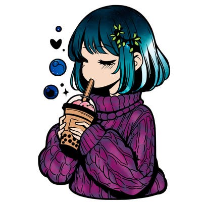 manga girl drinking boba in cozy sweater