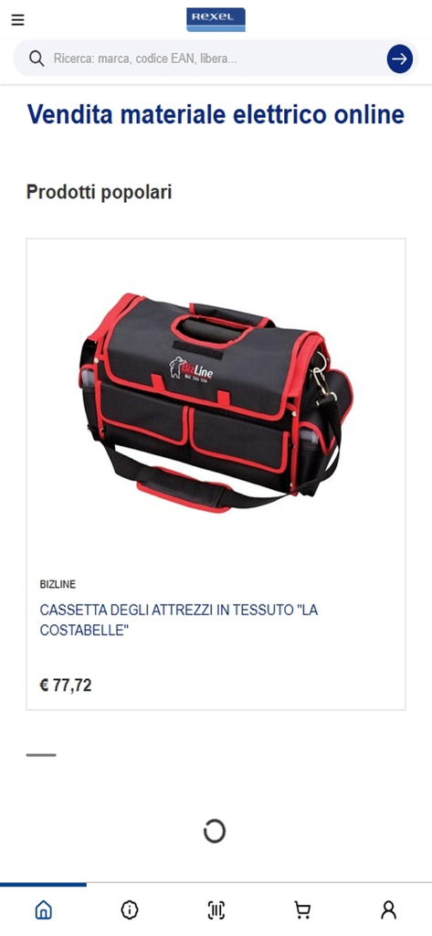 Rexel Italia app interface showing a Bizline fabric tool box in the popular products section for electrical professionals.