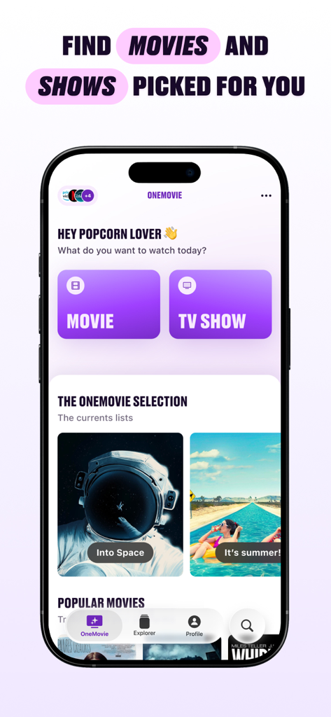 OneMovie - Movies & TV shows - Schermata principale dell'app OneMovie che mostra suggerimenti personalizzati di film e serie TV.