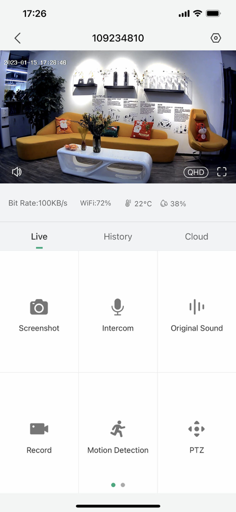 BoifunCam - BoifunCam App-Oberfläche, die eine Live-Indoor-Sicherheitskamera-Aufnahme mit Bewegungsdetektion und Intercom-Steuerelementen anzeigt.