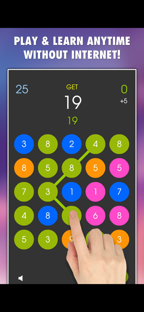 Math Connect PRO - A hand connecting numbered circles on a colorful grid to reach a target sum in the Math Connect PRO mobile game.