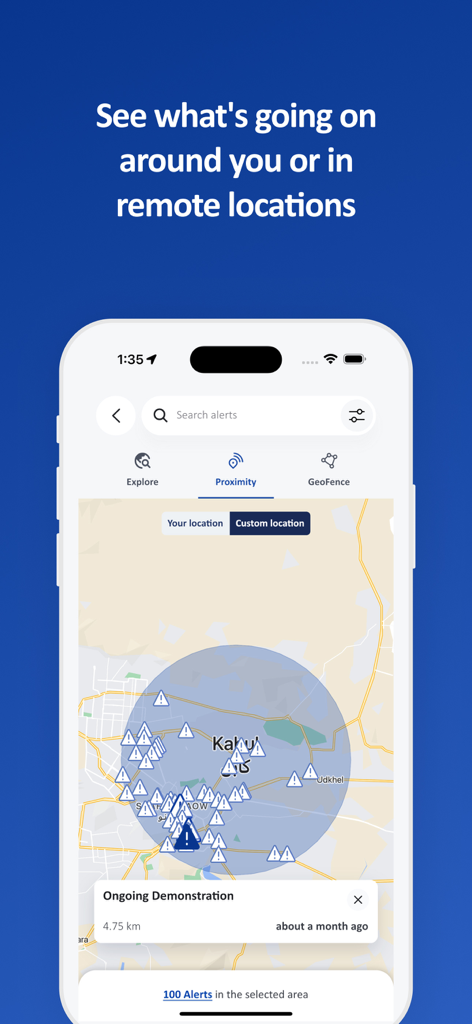INSO - INSO app map showing security alerts around a specific location
