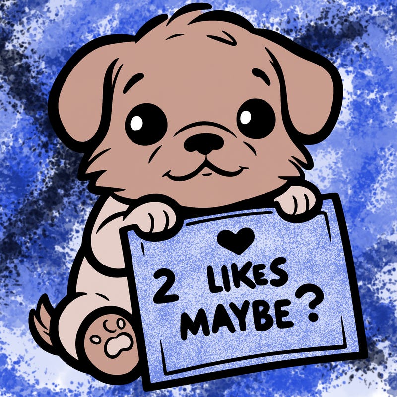 a puppy holding a sign that says 2 likes maybe?