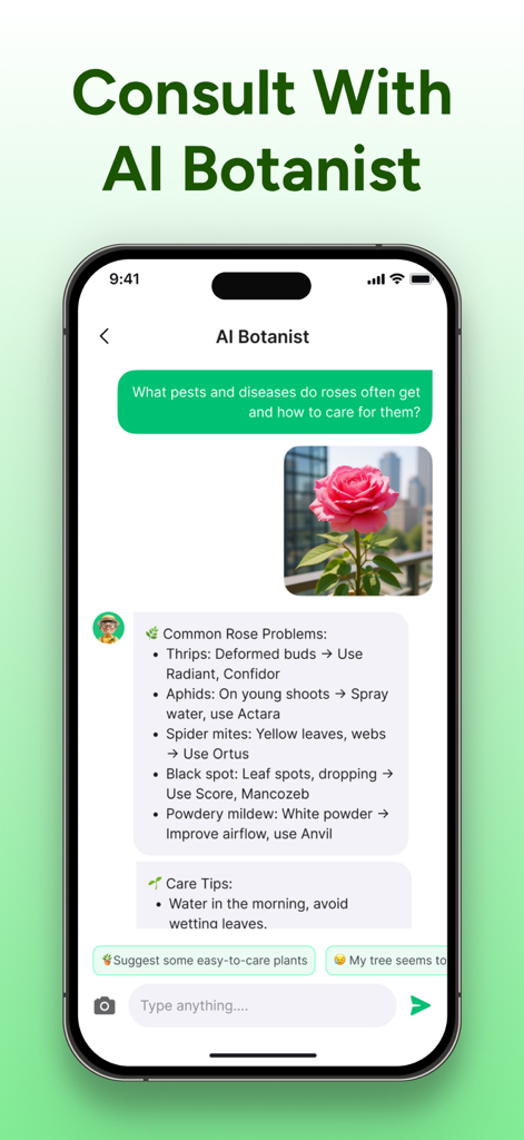 PlantCheck: Plant Identifier - Interfaz de chat del Botánico IA en la aplicación PlantCheck proporcionando diagnóstico y consejos de cuidado para una planta de rosas