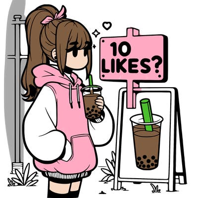 girl with oversized hoodie drinking boba and she has a high ponytail with a sign that says 10likes?