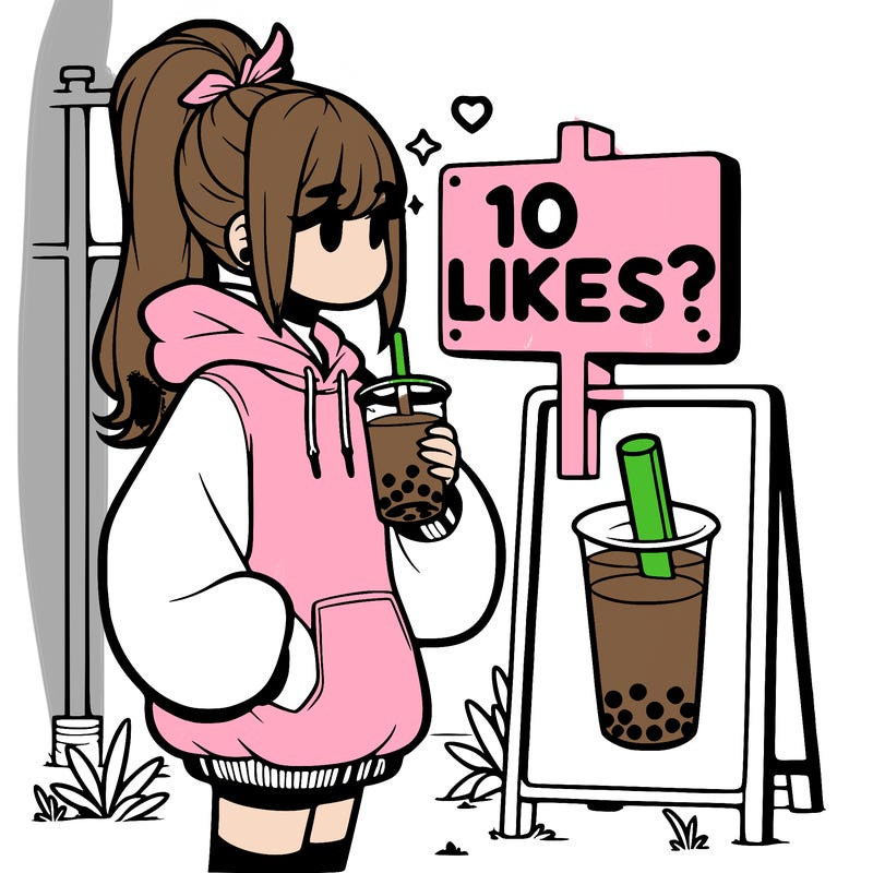 girl with oversized hoodie drinking boba and she has a high ponytail with a sign that says 10likes?